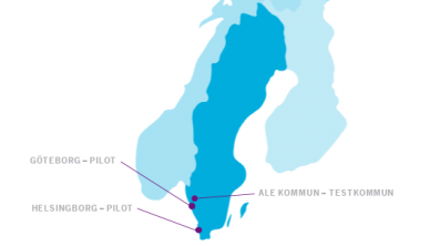 Sverigekarta som visar de tre pilotanläggningarna i projektet: Ale kommun, Göteborg och Helsingborg.