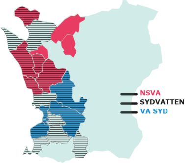 En kartbild över Skåne där olika färger visar vilken kommun som tillhör vilken VA-organisation